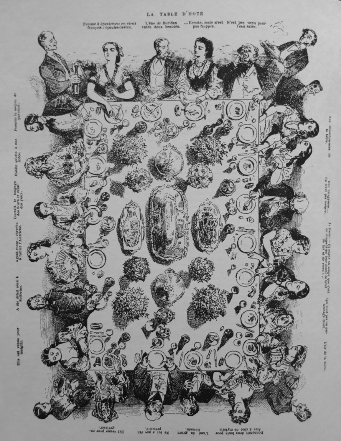 Figure 7. Émile-Marcelin-Isidore Planat, dit Marcelin, « la table d’hôte », La Vie parisienne, 1863 [date corrigée], dans Alexandre Dumas, Le Grand Dictionnaire de cuisine, Paris, Henri Veyrier, 1973, p. 326.