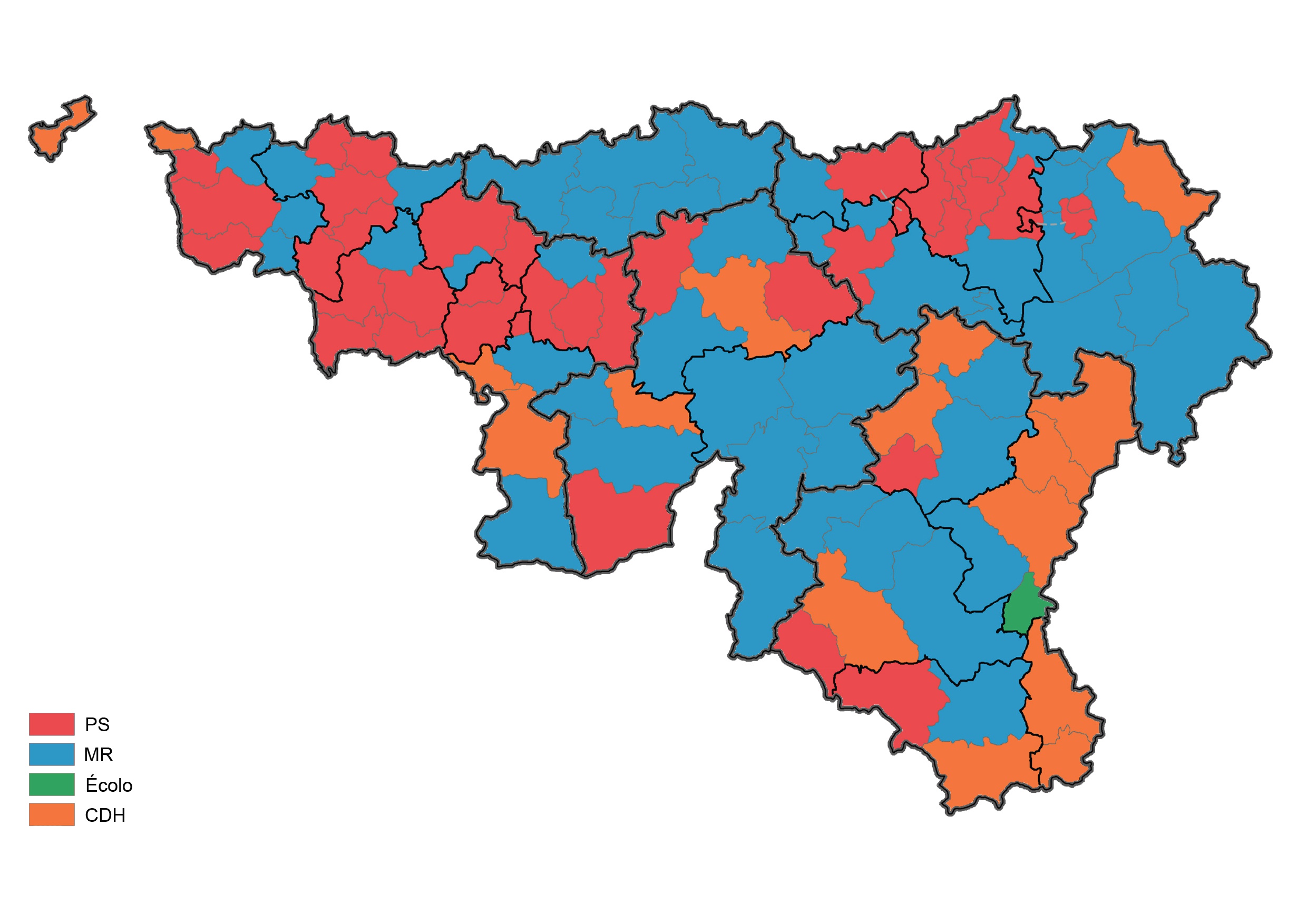 Carte 2. Élections provinciales 2018. Wallonie : parti en tête du scrutin par canton