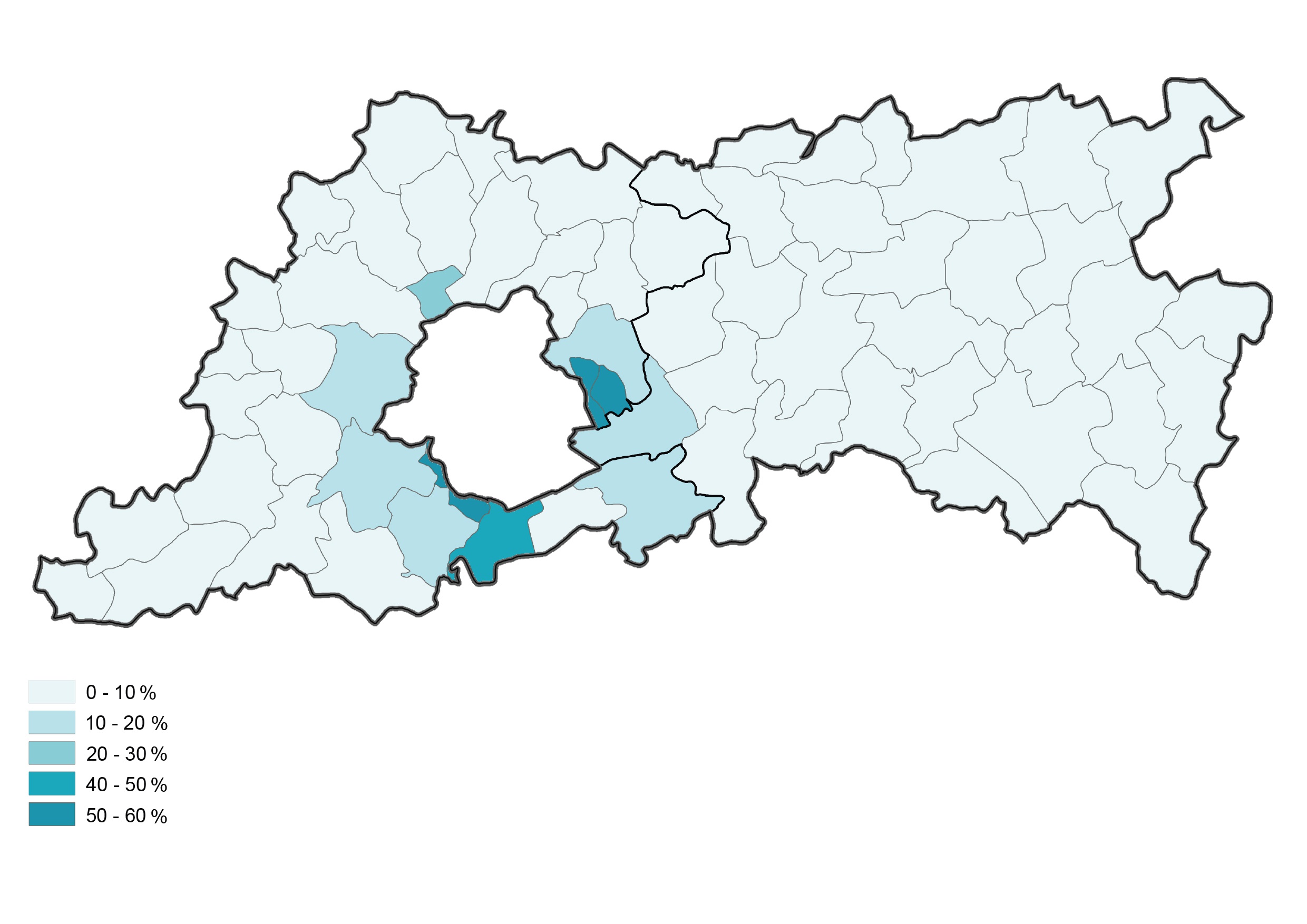 Carte A2. Élections provinciales 2018 (résultats par commune dans le Brabant flamand) : UF