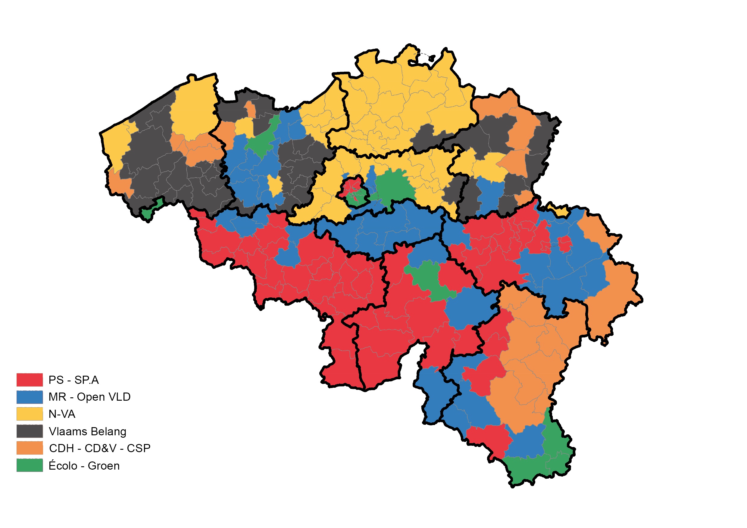 Carte 17. Élection de la représentation belge au Parlement européen (2019). Parti en tête du scrutin par canton électoral